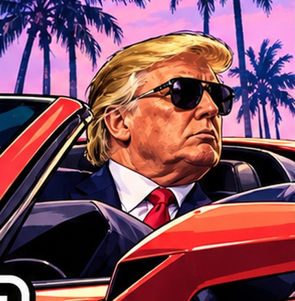 Trump in aviator sunglasses at the wheel of the red convertible