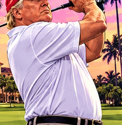 Trump mid golf swing on an oceanfront course in a red cap