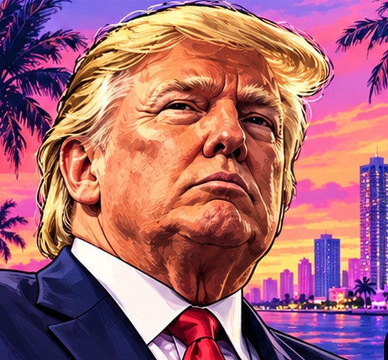 Trump in a navy suit and red tie, arms folded, the glowing city behind him